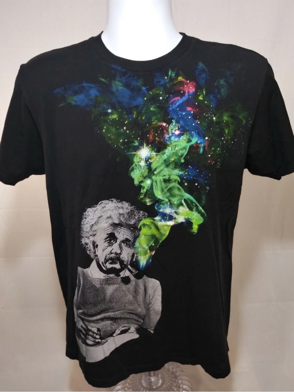 VTG Style Albert Einstein Galaxy Pipe Black Cotton T-Shirt / Size Small (S)
